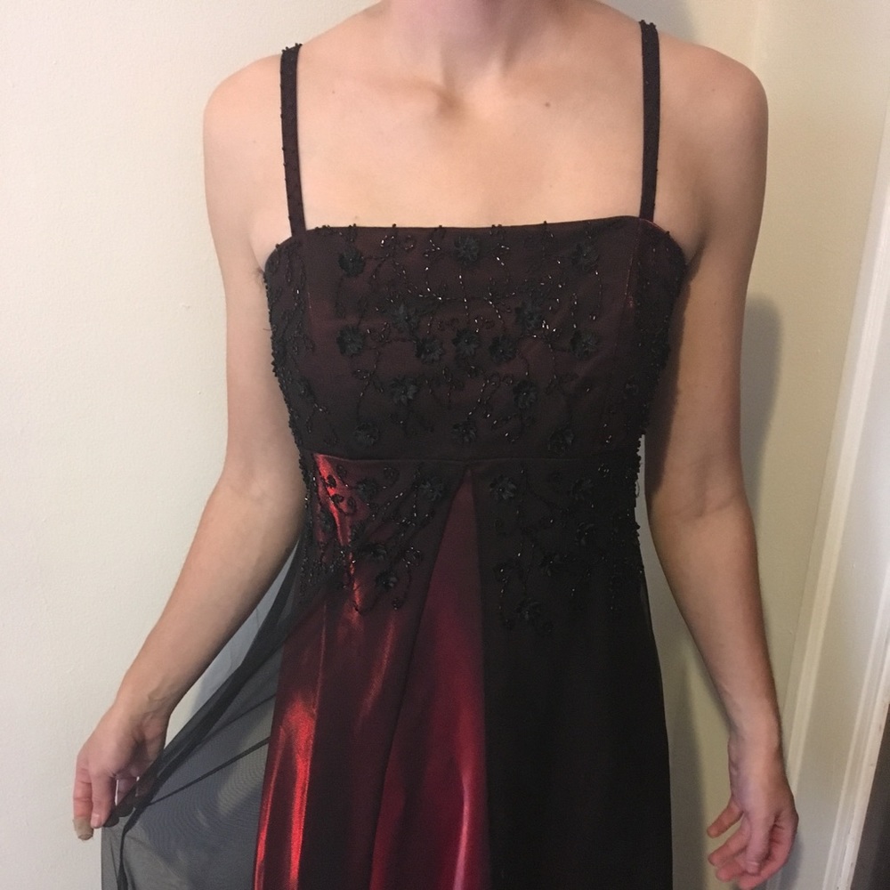 Vintage 90s Red Black Mesh Embroidered Gown